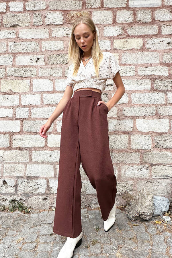 Women's Coffee High Waist Double Pocket Pleated Snap Closure Palazzo Pants ALC-X10753 - 3