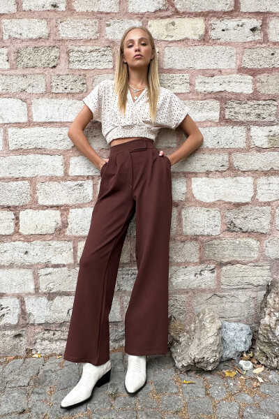 Women's Coffee High Waist Double Pocket Pleated Snap Closure Palazzo Pants ALC-X10753 - 6