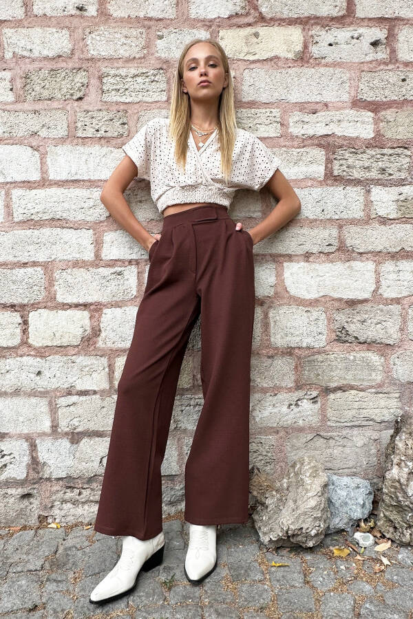 Women's Coffee High Waist Double Pocket Pleated Snap Closure Palazzo Pants ALC-X10753 - 6