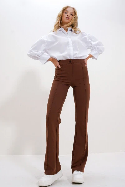 Women's Coffee High Waist Front Pleated Wide Leg Lycra Pants ALC-X9979 - TREND ALAÇATI STILI