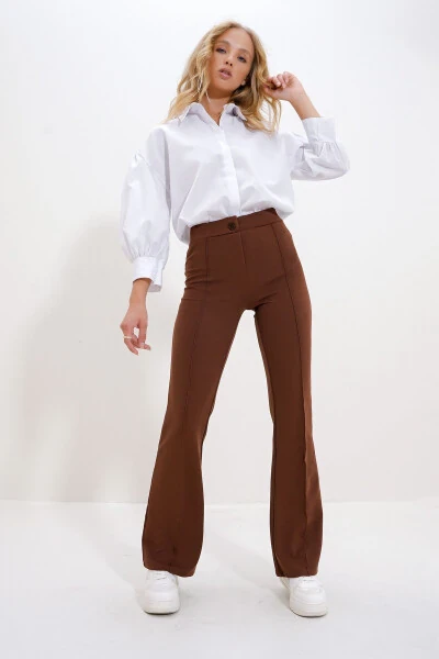 Women's Coffee High Waist Front Pleated Wide Leg Lycra Pants ALC-X9979 - TREND ALAÇATI STILI (1)