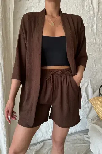 Women's Coffee Kimono Shirt Shorts Set-Brown - 3