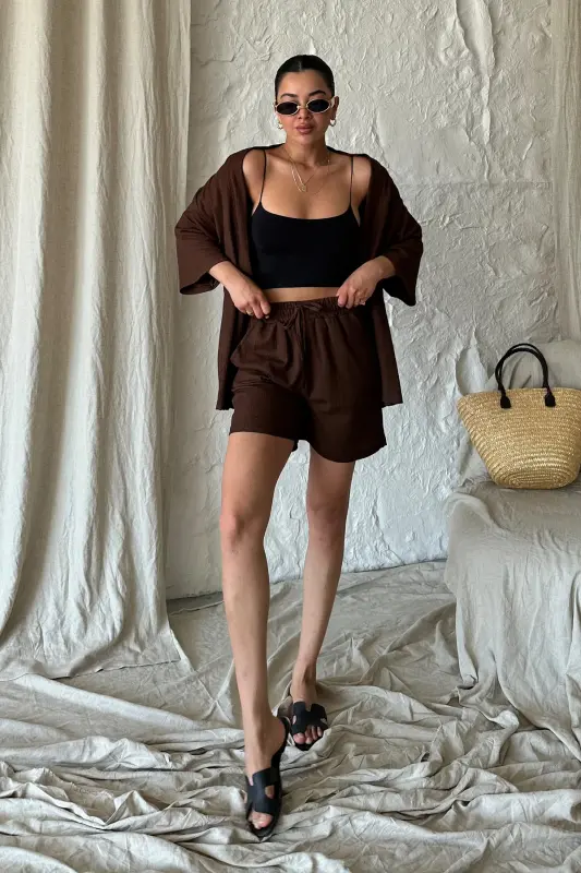 Women's Coffee Kimono Shirt Shorts Set-Brown - 1