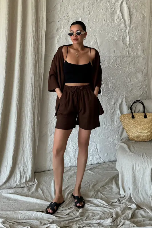 Women's Coffee Kimono Shirt Shorts Set-Brown - 2