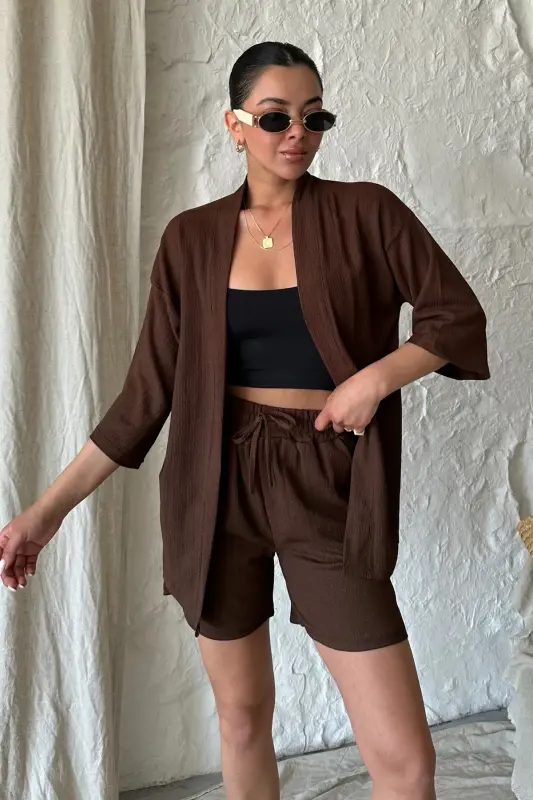 Women's Coffee Kimono Shirt Shorts Set-Brown - 4
