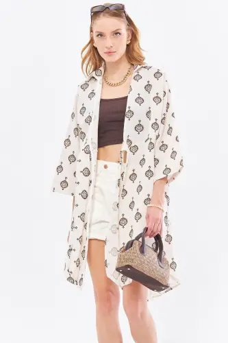 Women's Coffee Linen-Look Patterned Front Tie 