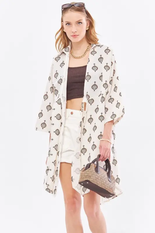 Women's Coffee Linen-Look Patterned Front Tie - ARMONIKA