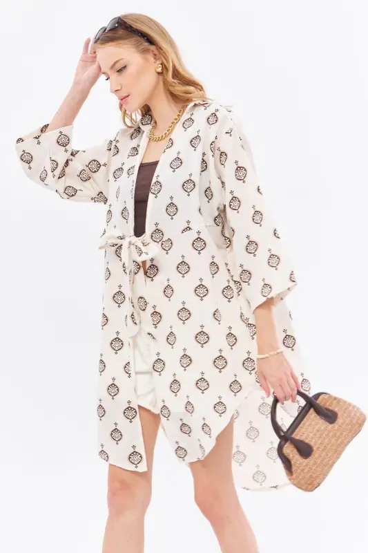 Women's Coffee Linen-Look Patterned Front Tie - 2