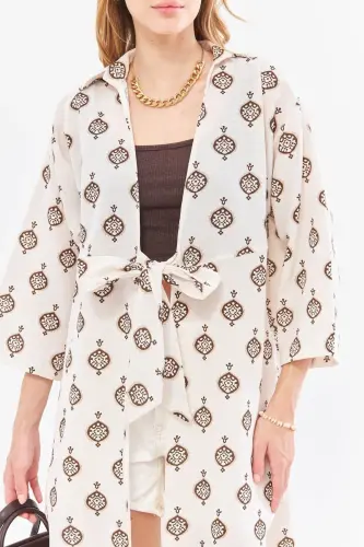 Women's Coffee Linen-Look Patterned Front Tie - 3