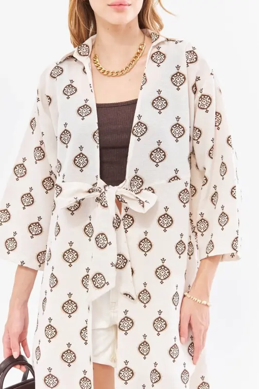 Women's Coffee Linen-Look Patterned Front Tie - 3