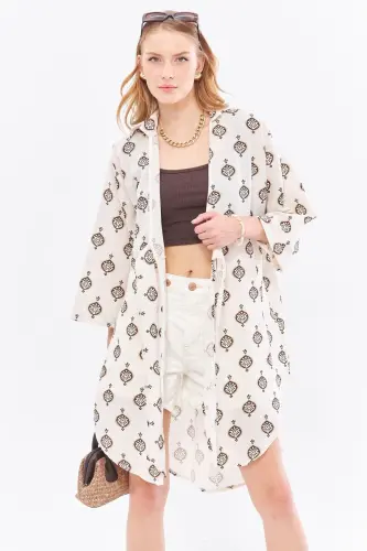 Women's Coffee Linen-Look Patterned Front Tie - 4