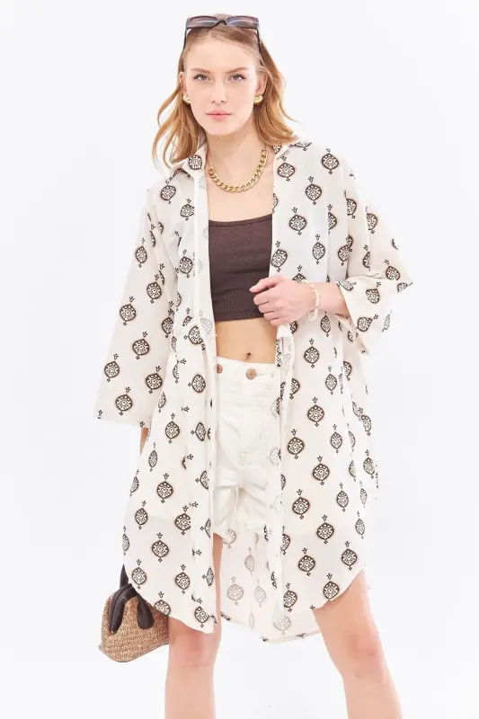 Women's Coffee Linen-Look Patterned Front Tie - 4