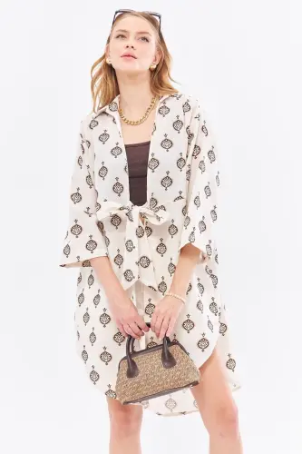 Women's Coffee Linen-Look Patterned Front Tie - 5