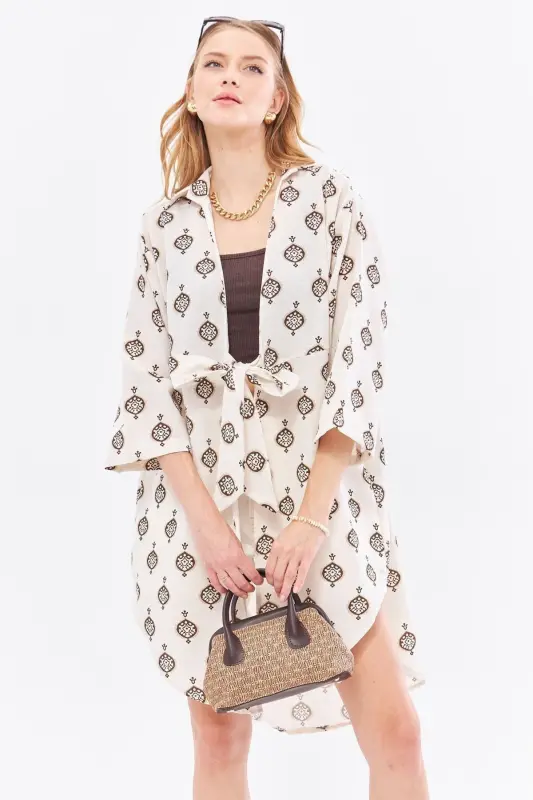 Women's Coffee Linen-Look Patterned Front Tie - 5