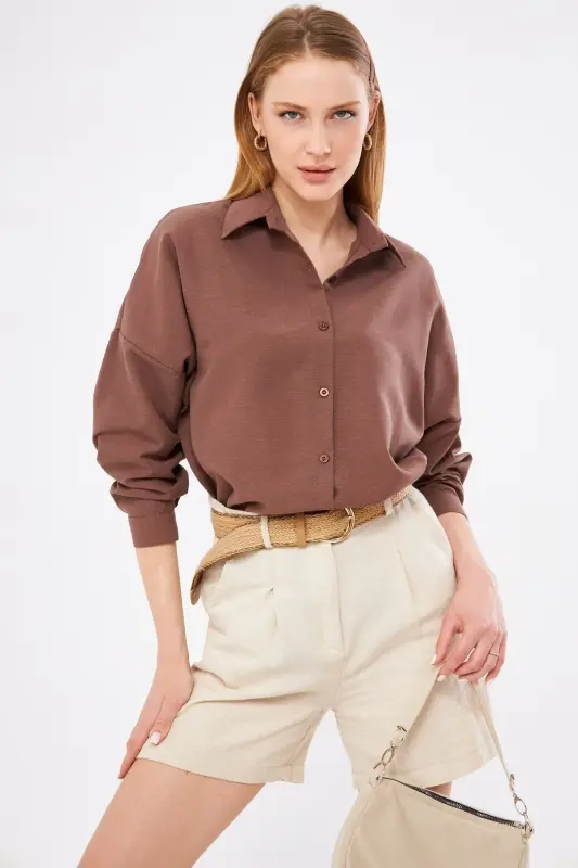 Women's Coffee Oversize Long Basic Shirt ARM-22Y001118-Coffee - 1