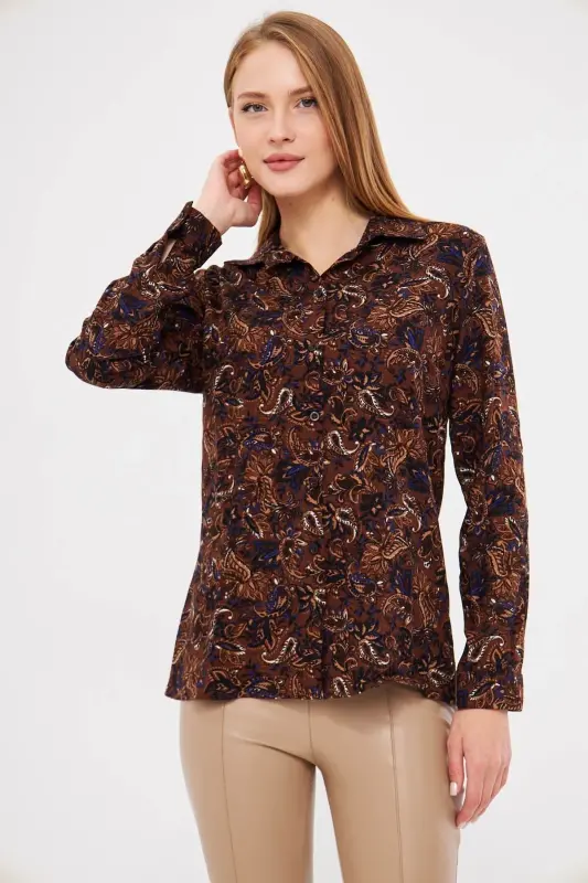 Women's Coffee Patterned Long Sleeve Shirt ARM-25K001040 - ARMONIKA