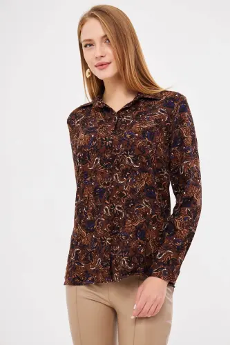 Women's Coffee Patterned Long Sleeve Shirt ARM-25K001040 - ARMONIKA (1)