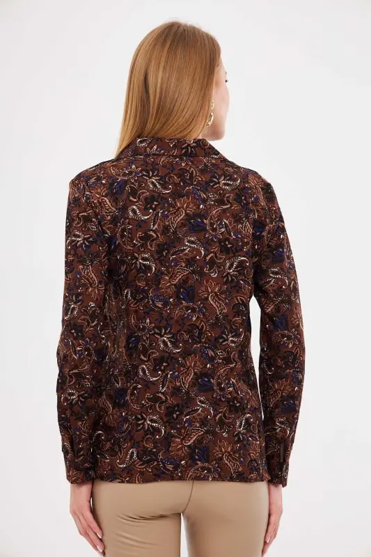 Women's Coffee Patterned Long Sleeve Shirt ARM-25K001040 - 4
