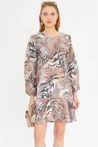 Women's Coffee Round Neck Dress with Flounced Sleeves 