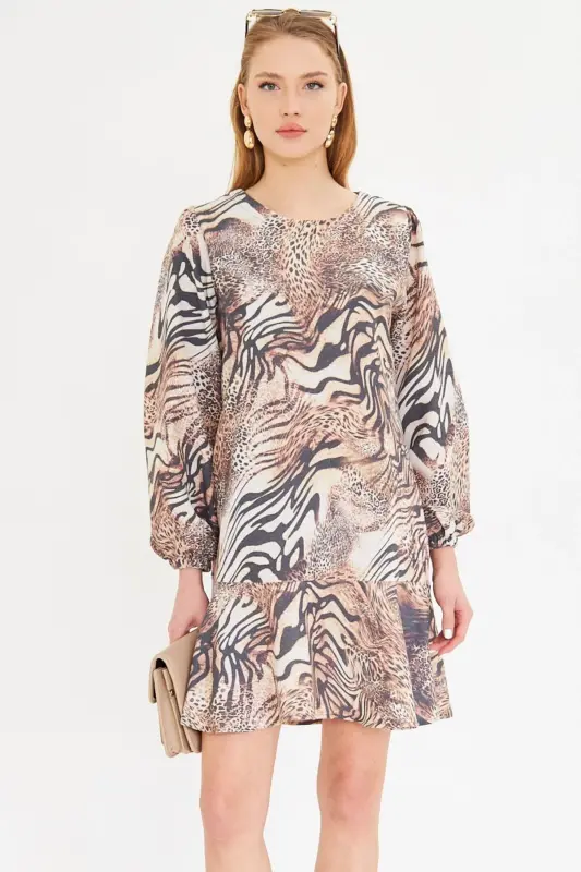 Women's Coffee Round Neck Dress with Flounced Sleeves - 1