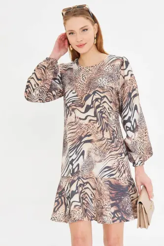 Women's Coffee Round Neck Dress with Flounced Sleeves - 3