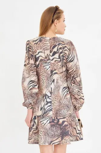 Women's Coffee Round Neck Dress with Flounced Sleeves - 4