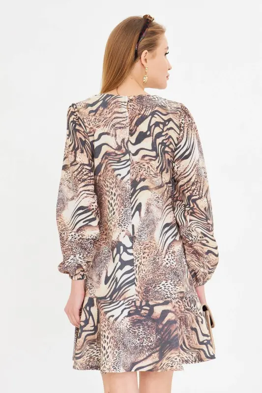 Women's Coffee Round Neck Dress with Flounced Sleeves - 4