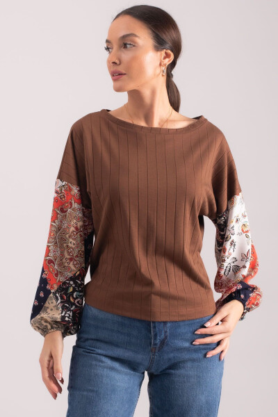 Women's Coffee Sleeve Patterned Bubble Knit Blouse ARM-20K081001 - 1