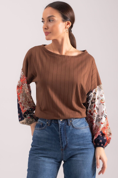 Women's Coffee Sleeve Patterned Bubble Knit Blouse ARM-20K081001 - 2