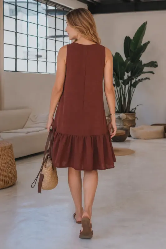Women's Coffee SLEEVELESS RUFFLED SKIRT DRESS ARM-18Y001156 - COFFEE - 2