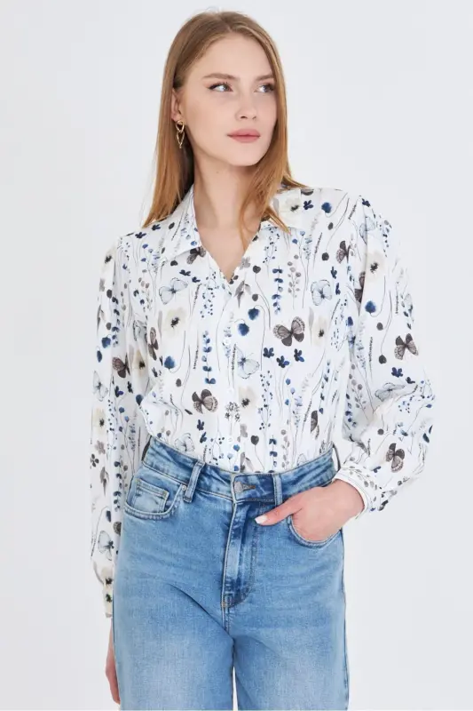 Women's Coffee V-Neck Balloon Sleeve Patterned Shirt ARM-25 - 1