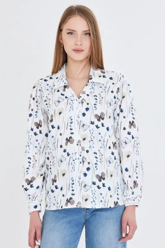 Women's Coffee V-Neck Balloon Sleeve Patterned Shirt ARM-25 - 2