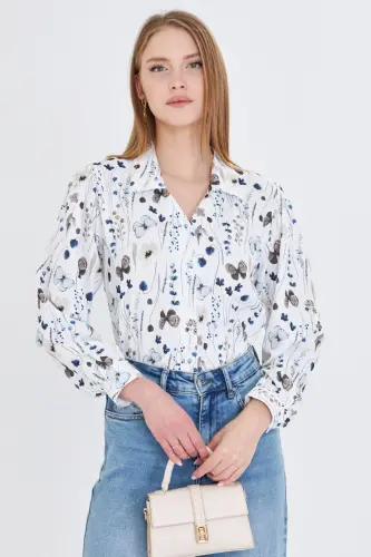 Women's Coffee V-Neck Balloon Sleeve Patterned Shirt ARM-25 - 3