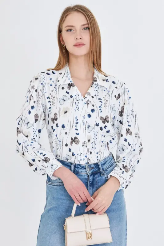 Women's Coffee V-Neck Balloon Sleeve Patterned Shirt ARM-25 - 3