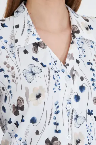 Women's Coffee V-Neck Balloon Sleeve Patterned Shirt ARM-25 - 4