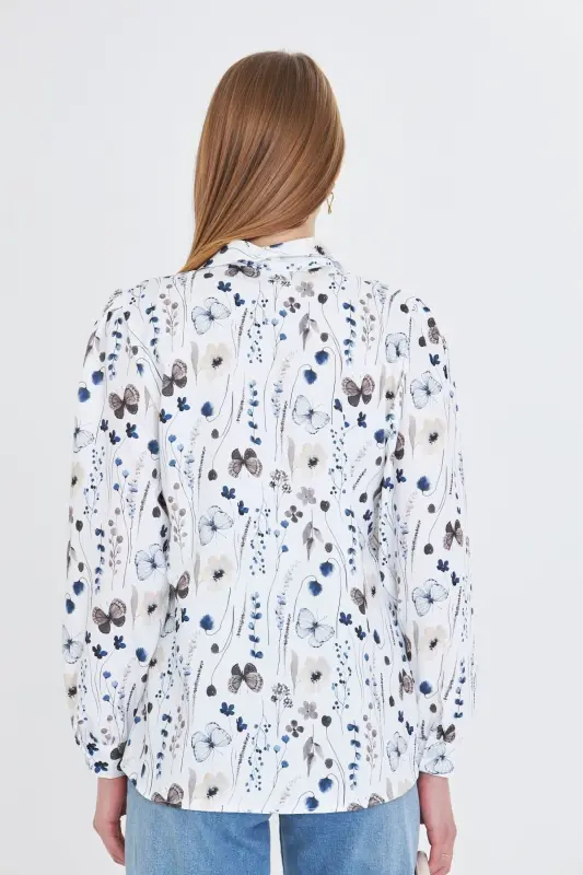 Women's Coffee V-Neck Balloon Sleeve Patterned Shirt ARM-25 - 5