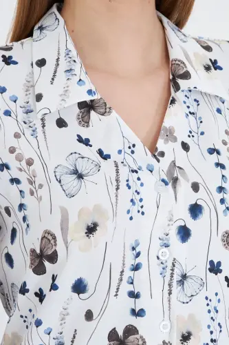 Women's Coffee V-Neck Balloon Sleeve Patterned Shirt ARM-25 - 5