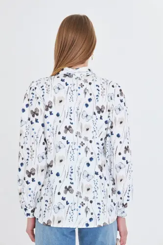 Women's Coffee V-Neck Balloon Sleeve Patterned Shirt ARM-25 - 6