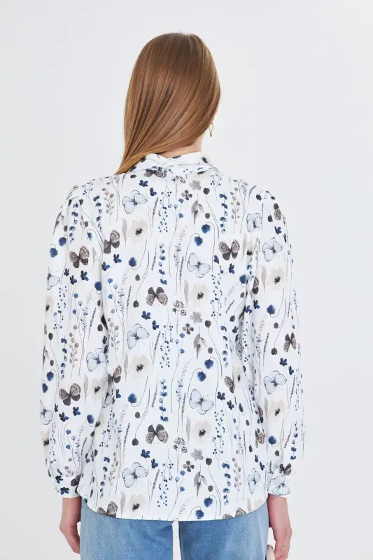 Women's Coffee V-Neck Balloon Sleeve Patterned Shirt ARM-25 - 6