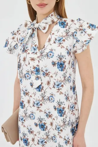 Women's Coffee V-Neck Ruffled Sleeve Tie Detail - 3