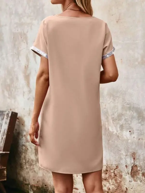 Women's Collar and Sleeve Sequin Striped Imported Crepe Dress - 5