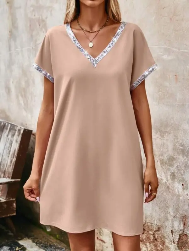 Women's Collar and Sleeve Sequin Striped Imported Crepe Dress - 3