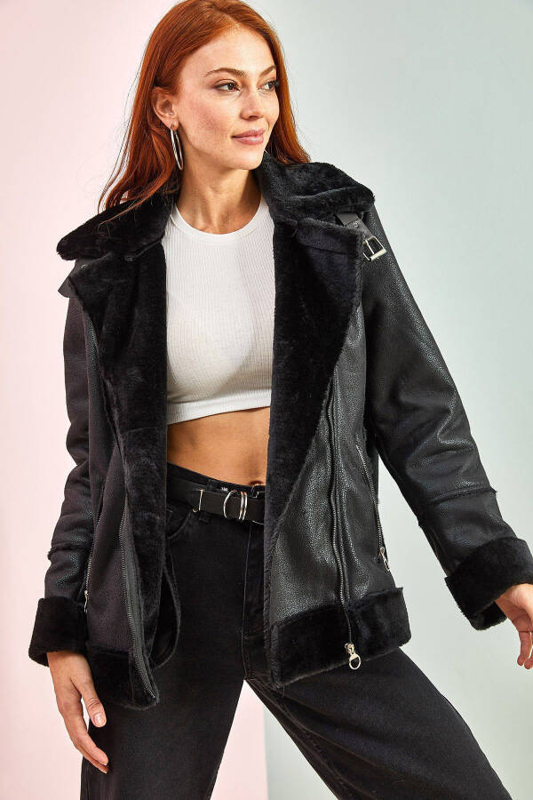 Women's Collar Belt Laminated Leather Jacket - 6