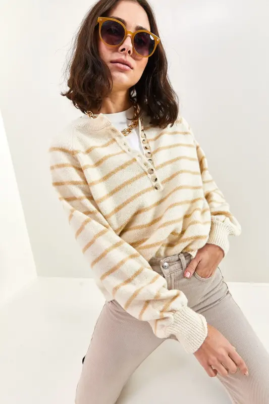 Women's Collar Buttoned Turtleneck Striped Knit Sweater 20223207 - Beige - 2