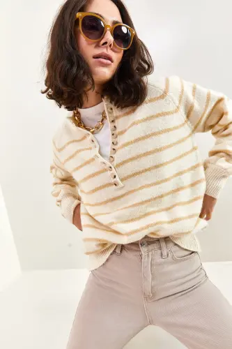 Women's Collar Buttoned Turtleneck Striped Knit Sweater 20223207 - Beige - 5