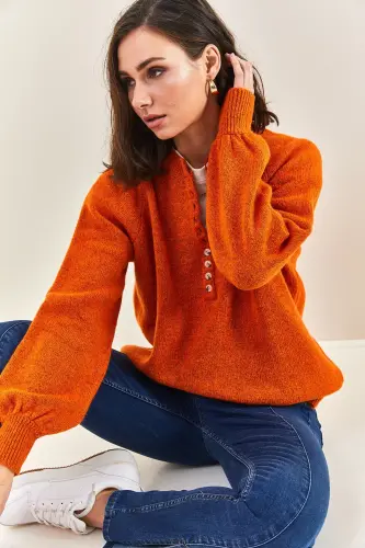 Women's Collar Buttoned Turtleneck Striped Knitwear Sweater 20223207 - Brick - BIANCO LUCCI (1)