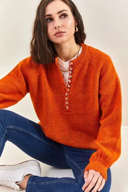 Women's Collar Buttoned Turtleneck Striped Knitwear Sweater 20223207 - Brick - 7
