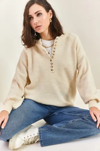 Women's Collar Buttoned Turtleneck Striped Knitwear Sweater 20223207 - Cream - 7