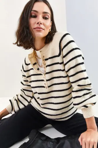 Women's Collar Buttoned Turtleneck Striped Knitwear Sweater 20223207 - White - BIANCO LUCCI (1)