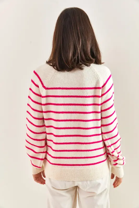 Women's Collar Buttoned Turtleneck Striped Knitwear Sweater BL-20223207 - Beige-Fuchsia - 6